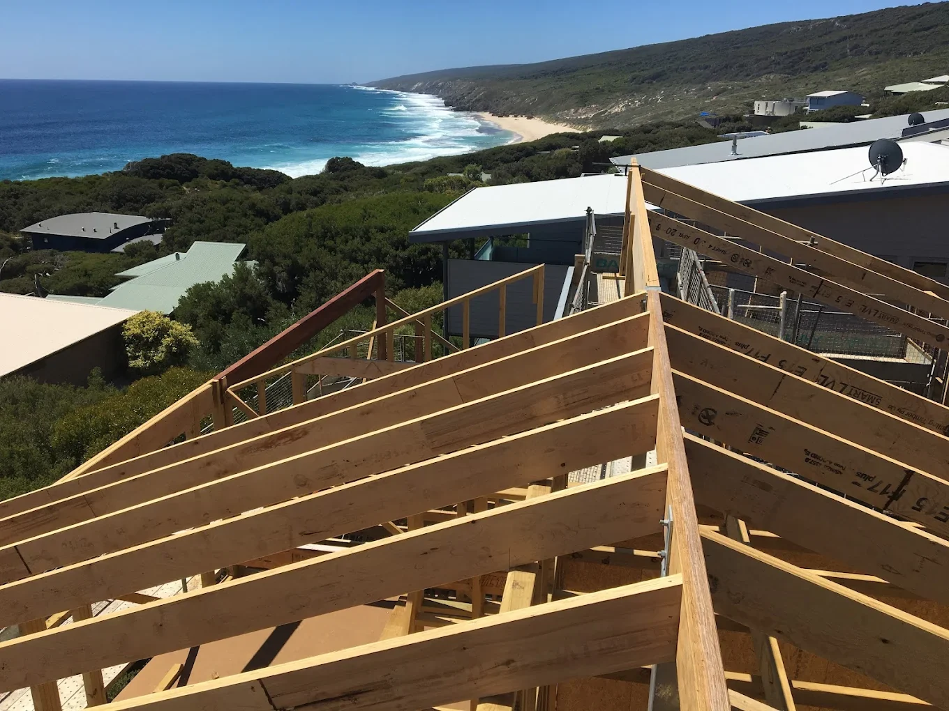 Timber roof framing on a South West WA build overlooking the coast